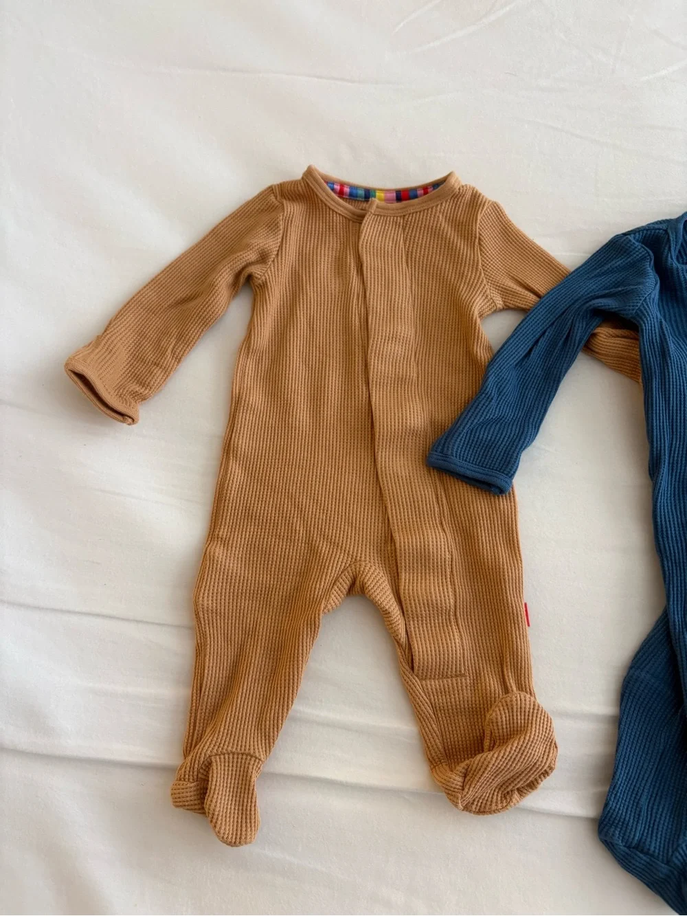 2 Magnetic Me Ribbed Footed One-Piece Rompers in Doe and Blue